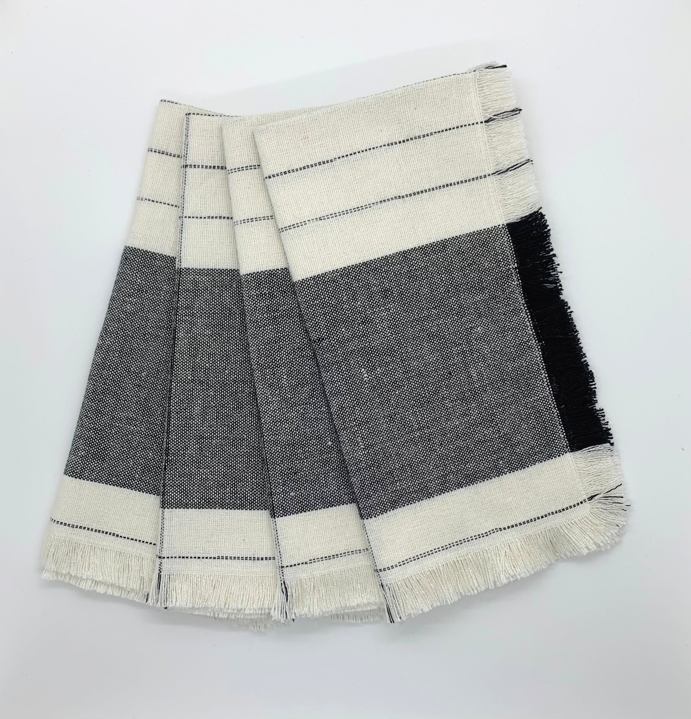 Craft Fringe Napkins - Set of 4- 100 % Cotton - Ivory / Black